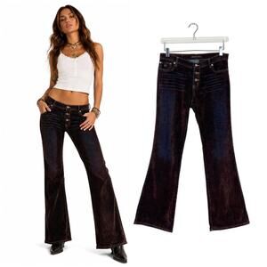 Bongo | Y2K Vintage Brown Velvet Blue Denim Low Rise Button Fly Flare Pants 11